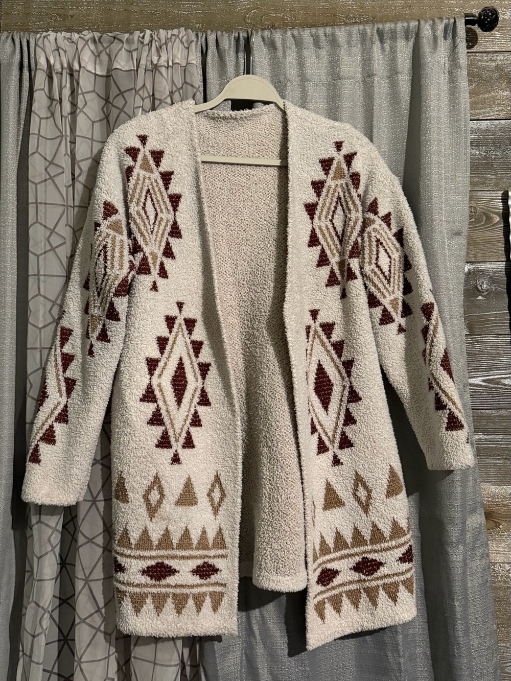 Cozy Aztec Open-Front Cardigan Sweater - Cream with Brown & Burgundy